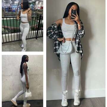 Women's 2 Piece Casual Workout Outfits Ribbed Knitted Yoga Tank Top High Waist Leggings Tracksuit Active Wear Sets