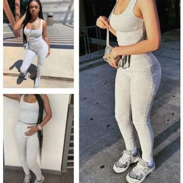 Women's 2 Piece Casual Workout Outfits Ribbed Knitted Yoga Tank Top High Waist Leggings Tracksuit Active Wear Sets