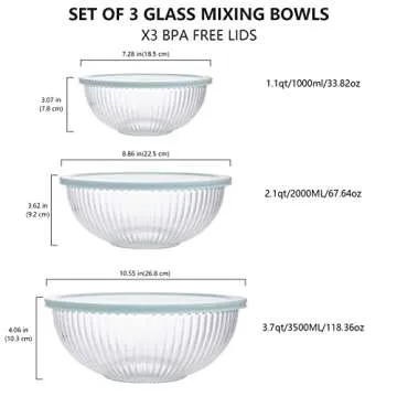 Luvan Glass Mixing Bowls with Lids Set(3.7QT, 2.1QT, 1.1QT),3pc Glass Nesting Bowls,Large Glass Sala...