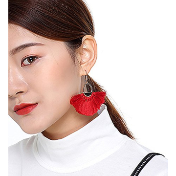 Suyi Women Tassel Earrings Bohemia Fan Shape Thread Tassel Statement Drop Dangle Earrings for Lady Red