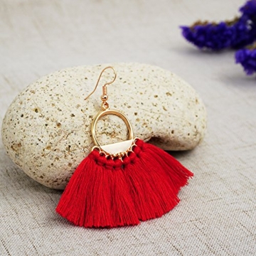 Suyi Women Tassel Earrings Bohemia Fan Shape Thread Tassel Statement Drop Dangle Earrings for Lady Red