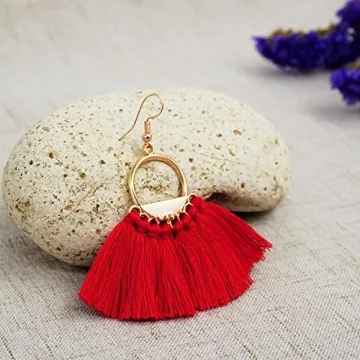 Suyi Women Tassel Earrings Bohemia Fan Shape Thread Tassel Statement Drop Dangle Earrings for Lady Red