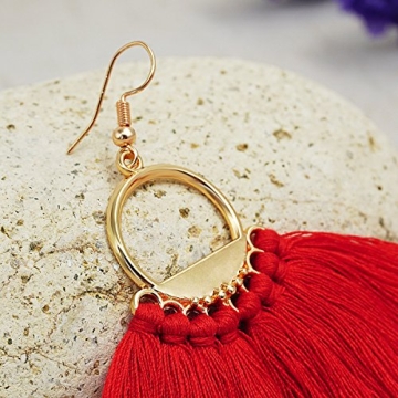 Suyi Women Tassel Earrings Bohemia Fan Shape Thread Tassel Statement Drop Dangle Earrings for Lady Red