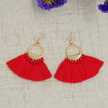 Suyi Women Tassel Earrings Bohemia Fan Shape Thread Tassel Statement Drop Dangle Earrings for Lady Red