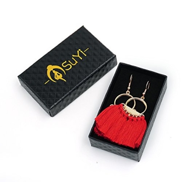 Suyi Women Tassel Earrings Bohemia Fan Shape Thread Tassel Statement Drop Dangle Earrings for Lady Red