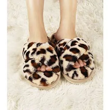 Ankis Women Leopard Fuzzy Fluffy Slippers Soft Cozy Plush Fuzzy Slippers Memory Foam Slipper Fluffy Furry Open Toe Fuzzy Slippers Bedroom Comfy Cross Band Slippers for Womens House Indoor Size 7 8