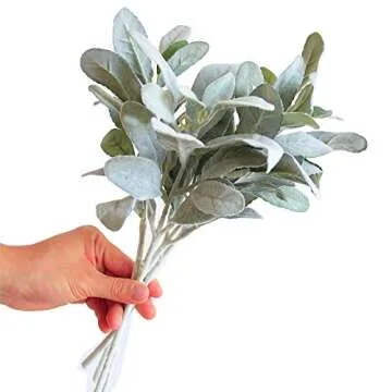 Tinsow Artificial Flocked Lambs Ear Leaves Dusty Miller Stems for Wedding and Home Decor (Set of 5)