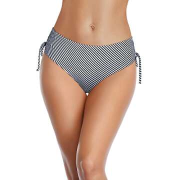 Tempt Me Women Striped Bikini Bottoms Side Tie Adjustable Bathing Suit Swimsuit Full Coverage Swim Bottom L
