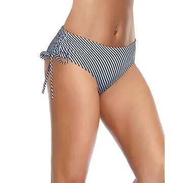 Tempt Me Women Striped Bikini Bottoms Side Tie Adjustable Bathing Suit Swimsuit Full Coverage Swim Bottom L
