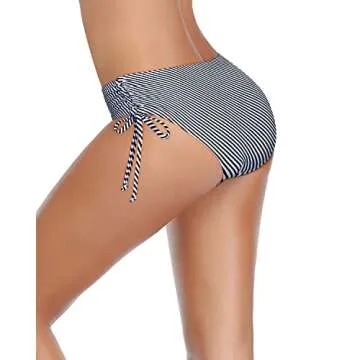 Tempt Me Women Striped Bikini Bottoms Side Tie Adjustable Bathing Suit Swimsuit Full Coverage Swim Bottom L
