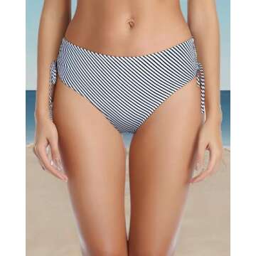 Tempt Me Women Striped Bikini Bottoms Side Tie Adjustable Bathing Suit Swimsuit Full Coverage Swim Bottom L