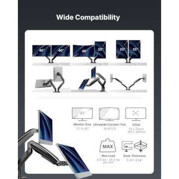 HUANUO Dual Monitor Stand for 13 to 40 inch, Premium Dual Monitor Mount with USB, Height Adjustable Monitor Stand for 2 Monitors, VESA Mount with Clamp/Grommet Base, Each Arm Hold up to 26.4lbs, Black