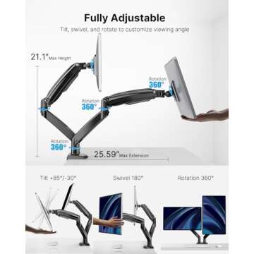 HUANUO Dual Monitor Stand for 13 to 40 inch, Premium Dual Monitor Mount with USB, Height Adjustable Monitor Stand for 2 Monitors, VESA Mount with Clamp/Grommet Base, Each Arm Hold up to 26.4lbs, Black