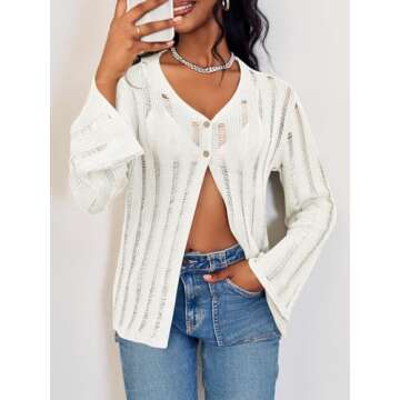Langwyqu Womens Crochet Shrug Sweaters Button Sexy Knit Open Front Long Sleeve Y2k Lightweight Summe...