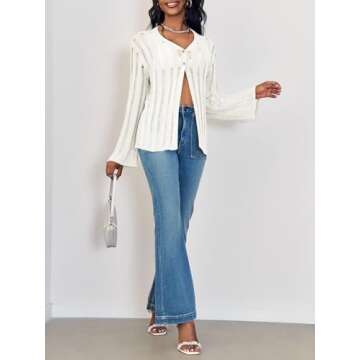 Langwyqu Womens Crochet Shrug Sweaters Button Sexy Knit Open Front Long Sleeve Y2k Lightweight Summer Cardigan Cover Up White, Small