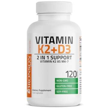 Bronson Vitamin K2 (MK7) with D3 Supplement Non-GMO Formula 5000 IU Vitamin D3 & 90 mcg K2 MK-7 Easy to Swallow D & K Complex, 120 Capsules