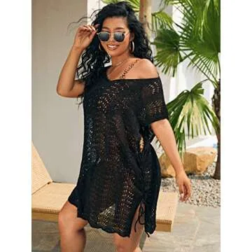 Romwe Women's Plus Size Short Sleeve Bathing Suit Cover Up Crochet Swim Beach Dress Black 2XL