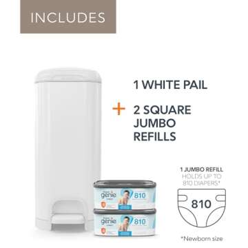 Diaper Genie Select Pail Registry Gift Set (White) | Made of Durable Stainless Steel Metal | Includes 2 Jumbo Refills | Holds 1620 Newborn Diapers