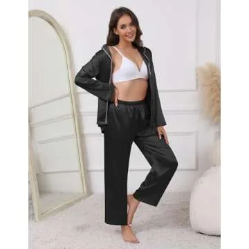 Ekouaer Pajamas For Women Set Silk Pjs 2 Piece Satin Sleepwear Long Sleeve Button Down Lounge Sets With Pant Black M