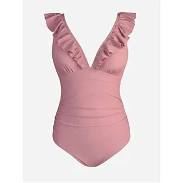 CUPSHE Womens Swimwear One Piece Swimsuit Deep V Neck Ruffle Tummy Control Back Tie Bathing Suits, Small, Bean Pink