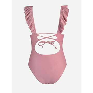 CUPSHE Womens Swimwear One Piece Swimsuit Deep V Neck Ruffle Tummy Control Back Tie Bathing Suits, Small, Bean Pink