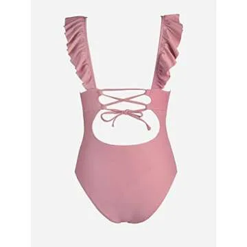 CUPSHE Womens Swimwear One Piece Swimsuit Deep V Neck Ruffle Tummy Control Back Tie Bathing Suits, Small, Bean Pink