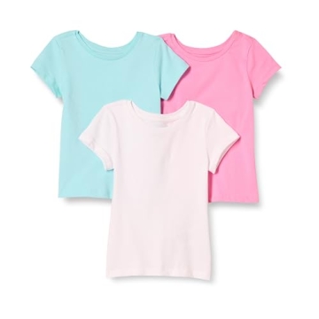 Amazon Essentials Girls' Short-Sleeve T-Shirt Tops (Previously Spotted Zebra), Pack of 3, Aqua Blue/...