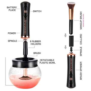 Urban Butterfly Electric Makeup Brush Cleaner Spinner, Deep Cosmetic Brush Cleaner Mat with 8 Size Rubber Collars, Black