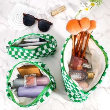 ZLFSRQ 3Pcs Checkered Makeup Bag for Women Large Cosmetic Bag Set Travel Toiletry Bag Makeup Pouch B...