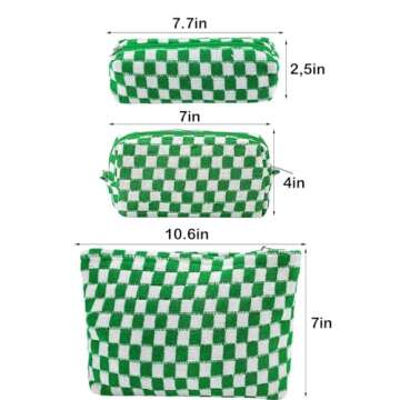 ZLFSRQ 3Pcs Checkered Makeup Bag for Women Large Cosmetic Bag Set Travel Toiletry Bag Makeup Pouch Bag for Purse Green Zipper Storage Bag Organizer Cute Small Aesthetic Girls Car Essentials Bag