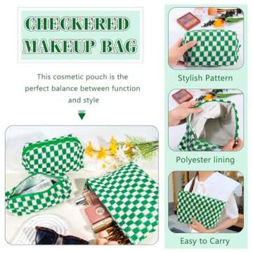 ZLFSRQ 3Pcs Checkered Makeup Bag for Women Large Cosmetic Bag Set Travel Toiletry Bag Makeup Pouch Bag for Purse Green Zipper Storage Bag Organizer Cute Small Aesthetic Girls Car Essentials Bag