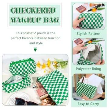 ZLFSRQ 3Pcs Checkered Makeup Bag for Women Large Cosmetic Bag Set Travel Toiletry Bag Makeup Pouch Bag for Purse Green Zipper Storage Bag Organizer Cute Small Aesthetic Girls Car Essentials Bag