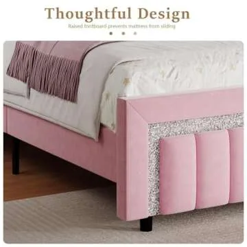 HOMBCK Queen Bed Frame with Headboard, Pink Velvet Upholstered Bed Frame with Diamond Footboard, Soft Bed Frame, Vertical Channel Tufted Design, No Box Spring Needed, Easy Assembly, Pink