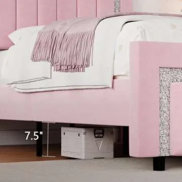 HOMBCK Queen Bed Frame with Headboard, Pink Velvet Upholstered Bed Frame with Diamond Footboard, Soft Bed Frame, Vertical Channel Tufted Design, No Box Spring Needed, Easy Assembly, Pink