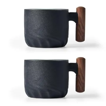 BlogBlog Ceramic Espresso Cups with Wooden Handle for Coffee and Tea, 3oz (Set of 2, Black)