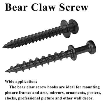 laffeya Picture Hanging Screws, Double-Headed Bear Claw Screw, 4in1 Hooks for Sawtooths, D-Rings, Wire and Keyholes (40, Black Mix Size)