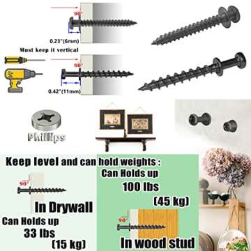 laffeya Picture Hanging Screws, Double-Headed Bear Claw Screw, 4in1 Hooks for Sawtooths, D-Rings, Wire and Keyholes (40, Black Mix Size)