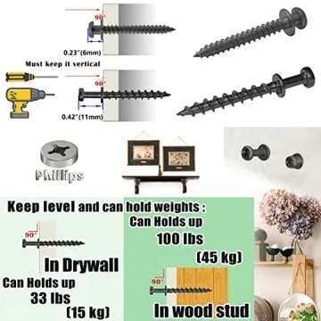 laffeya Picture Hanging Screws, Double-Headed Bear Claw Screw, 4in1 Hooks for Sawtooths, D-Rings, Wire and Keyholes (40, Black Mix Size)