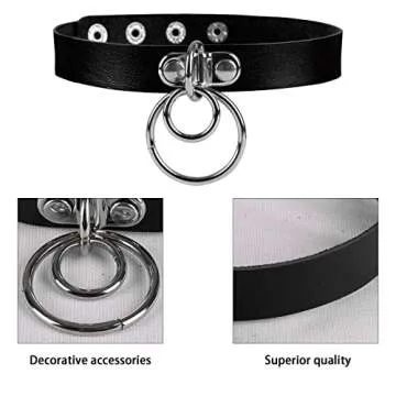 BANSSGOTH Womens Punk Leather Choker Double Ring Pendant Choker Collar Gothic Choker Necklace Dance Club Party Rave (Black)
