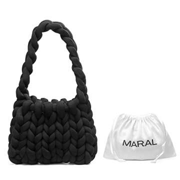 Maral Hand Knit Chunky Yarn Shoulder Bag For Women, Finger Crochet Hand Bag, Washable (Black)