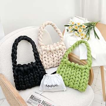 Maral Hand Knit Chunky Yarn Shoulder Bag For Women, Finger Crochet Hand Bag, Washable (Black)