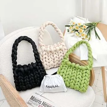 Maral Hand Knit Chunky Yarn Shoulder Bag For Women, Finger Crochet Hand Bag, Washable (Black)