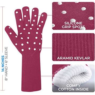 Oven Gloves with Fingers by Beets & Berry, Cooking Gloves Heat Resistant up to 650°F, for Small Hands, Baking Gloves Extra Long, BBQ Glove, Oven Glove, Kitchen Gloves for Oven, Grill Gloves, Maroon