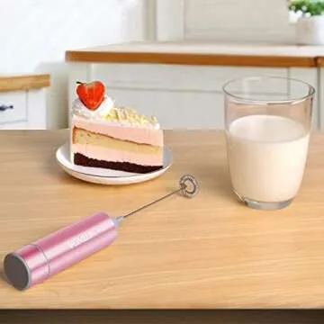 Electric Milk Frother Handheld,Travel Coffee Drink Mixer Batteries Included, 304 Stainless Steel Whisk for latte Cappuccino,Bulletproof Coffee Hot Chocolate,Egg Rose Pink