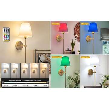 24 Inch Battery Operated Wall Sconce Set Of 2,10 Colors Modes Rechargeable Gold Indoor Decor Fabric Wireless Wall Light Fixtures With Remote Dimmable Wall Lamp For Farmhouse Bedroom(Color : Gold)
