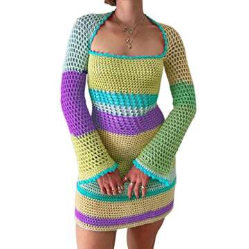 Women Vintage Square Crochet Knitted Dress Halter Neck Hollow Out Striped Mini Dresses Fashion Crocheting Streetwear (New-Orange, S)