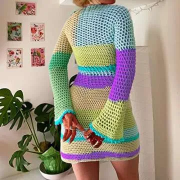 Women Vintage Square Crochet Knitted Dress Halter Neck Hollow Out Striped Mini Dresses Fashion Crocheting Streetwear (New-Orange, S)