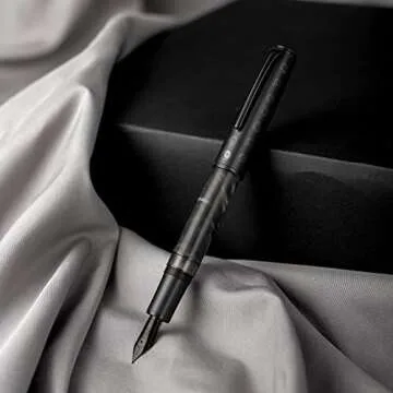 Hongdian N7 Gray Resin Piston Fountain Pen, Iridium Extra Fine Nib Classic Pen Rabbot on Cap Top, Smooth Writing Pen with Metal Box