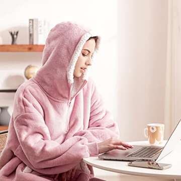 Sunolga Wearable Blanket Oversized Microfiber & Sherpa Wearable Blanket Hoodie, Sweatshirt with Hood Pocket and Sleeves, Super Soft Warm Plush Hooded Blanket for Adult Women Men,Pink