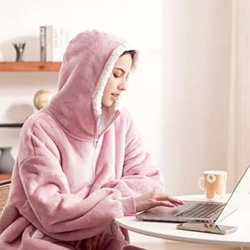 Sunolga Wearable Blanket Oversized Microfiber & Sherpa Wearable Blanket Hoodie, Sweatshirt with Hood Pocket and Sleeves, Super Soft Warm Plush Hooded Blanket for Adult Women Men,Pink